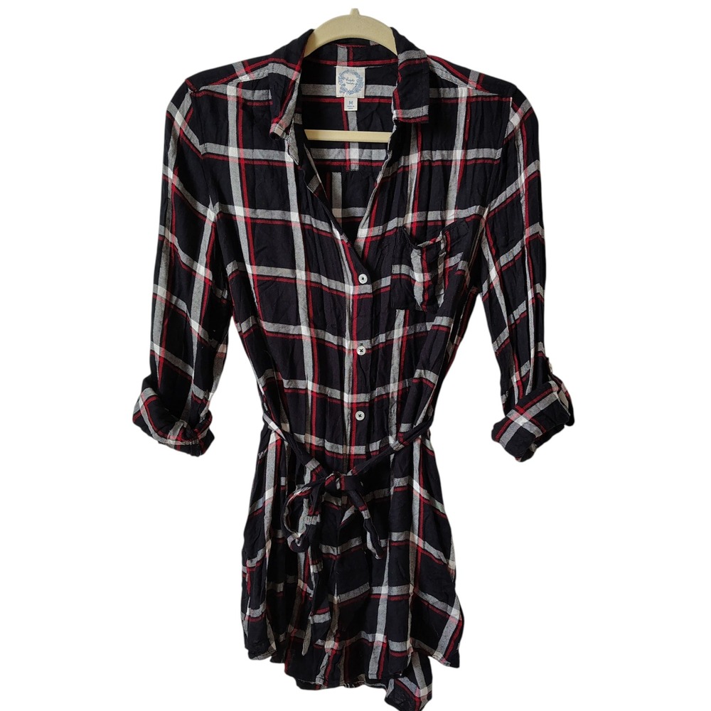 Blue Rain Women's Plaid Shirt Dress‎ Medium Tie Waist Roll Tab Sleeve Casual